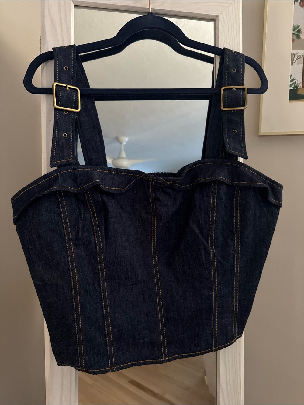 Anthropologie Maeve Dark Blue Denim Buckle-Strap Corset Top